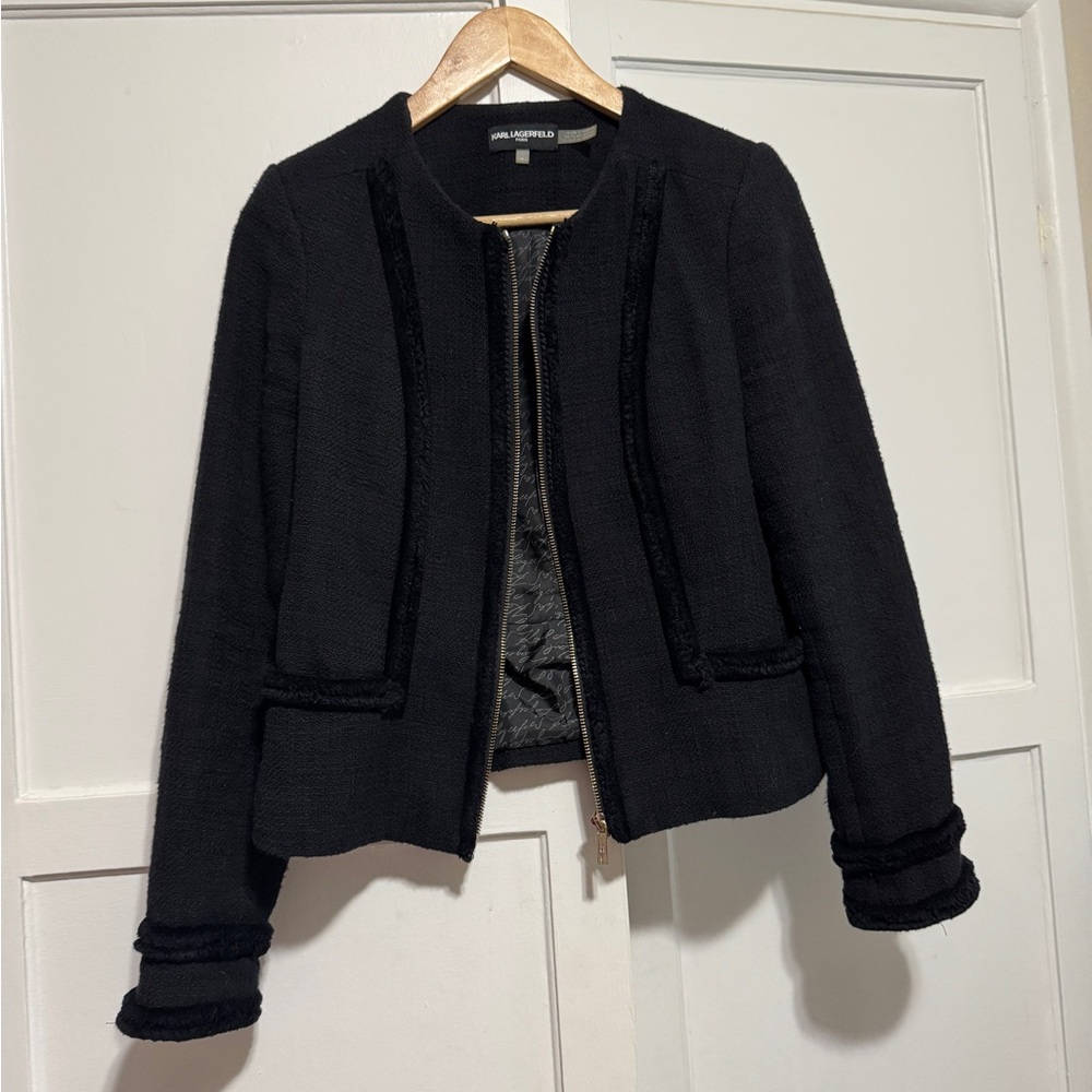 Karl Lagerfeld Black Tweed Zip-Front Jacket Blazer - Size 4